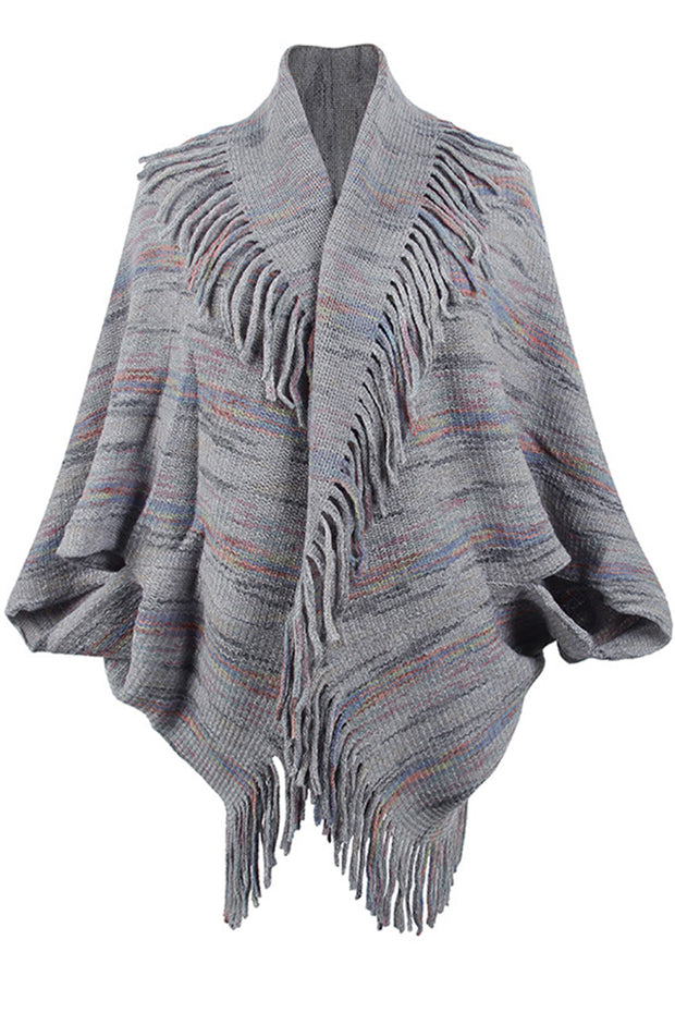 Color Striped Fringed Knit Shawl Sweater
