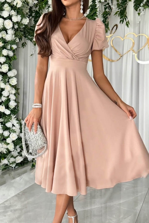 V Neck Solid Color Puff Sleeve Midi Dress