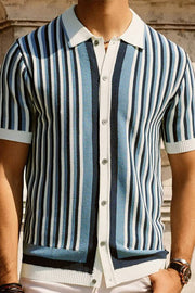 Summer Men's Business Casual Striped Polo Collar Short Sleeve Cardigan