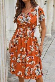 Floral V Neck Short Sleeve Midi Dress