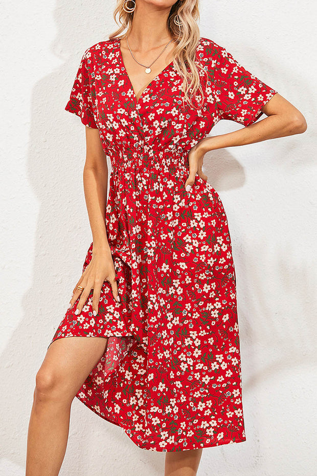 Retro Floral V Neck Short Sleeve Midi Dress