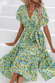 Floral Slit V Neck Short Sleeve Midi Dress