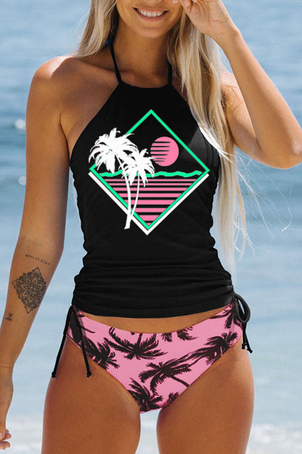 Simple resort-style black, pink and white coconut tree halterneck two-piece swimsuit