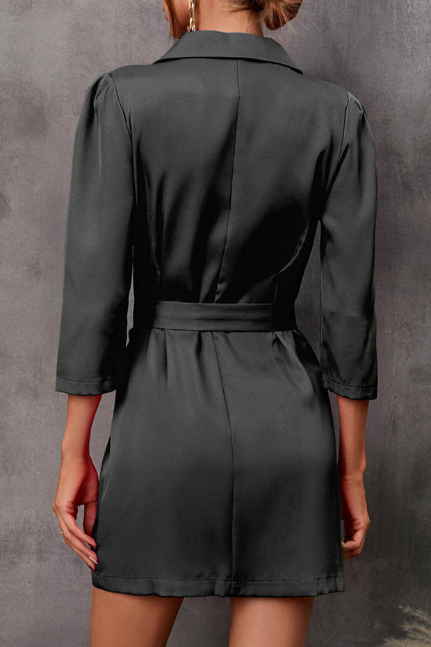 Three-quarter Sleeves V-neck Belted Buttoned Suit Dress