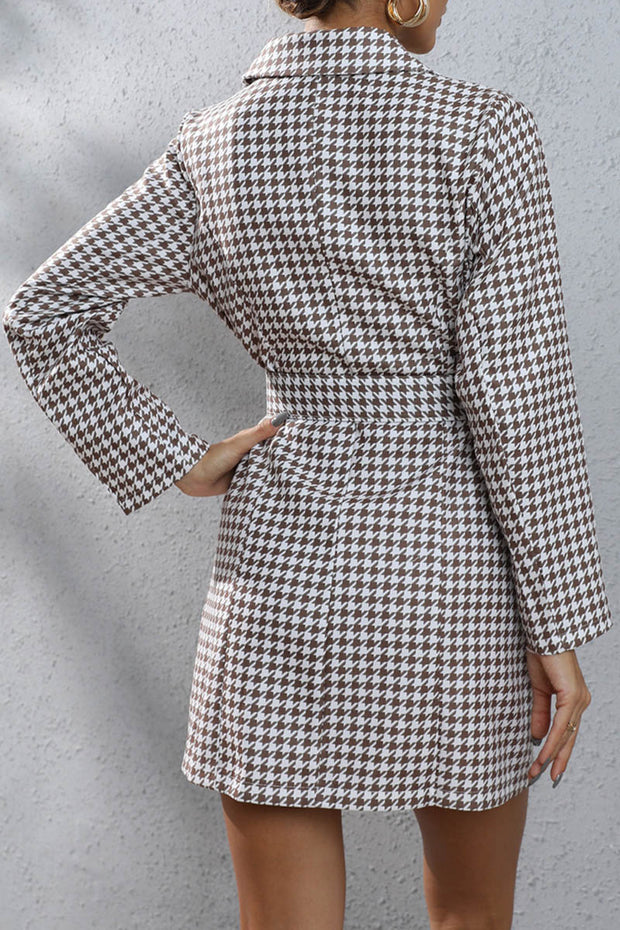 Houndstooth Lapel Belt Elegant Blazer Dress