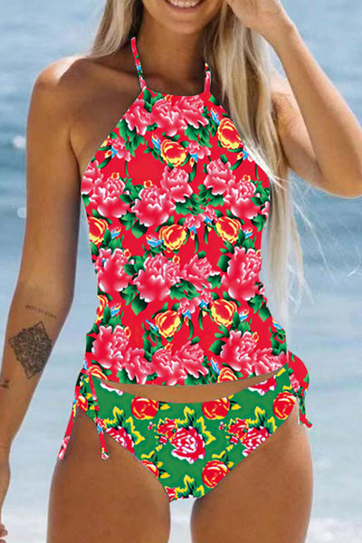 Simple resort-style red bottom and red flower halterneck two-piece swimsuit