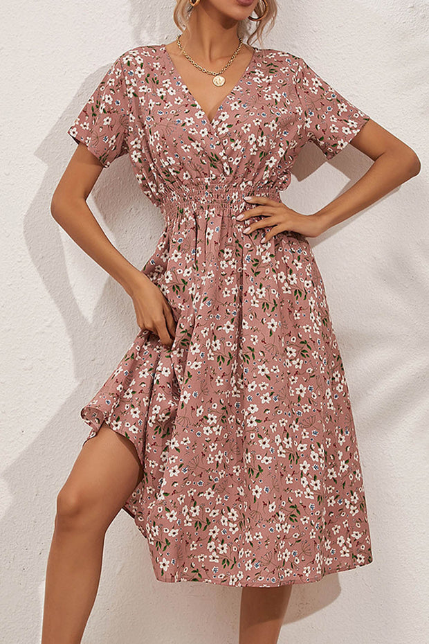 Retro Floral V Neck Short Sleeve Midi Dress