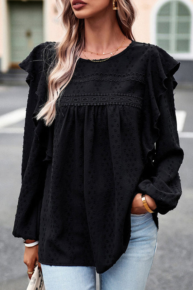 Long Sleeve Ruffle Round Neck Casual Tops