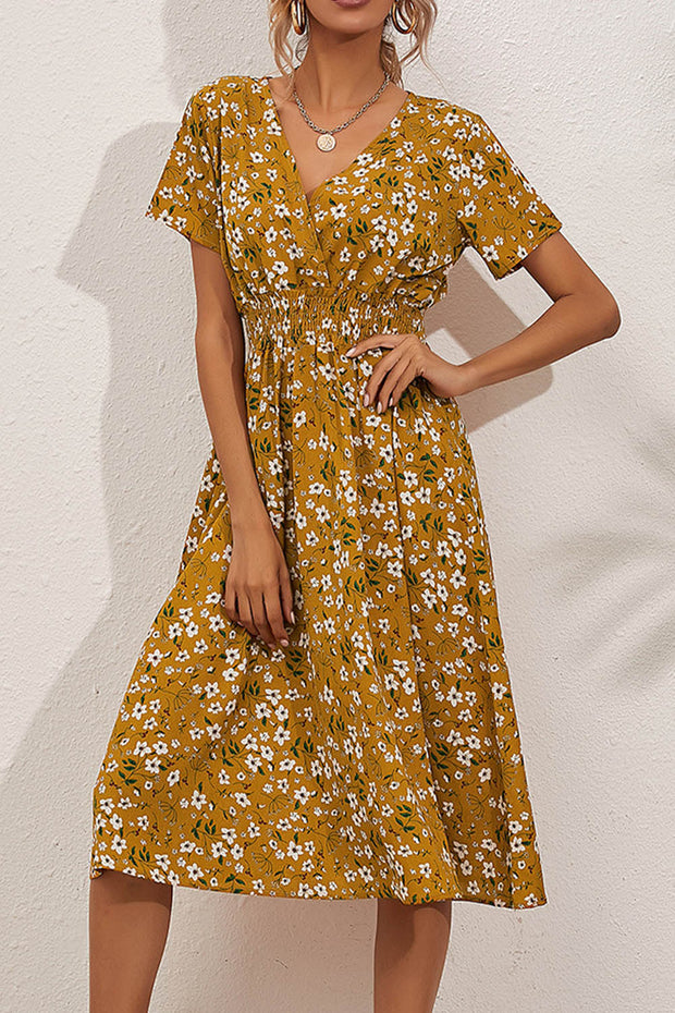 Retro Floral V Neck Short Sleeve Midi Dress