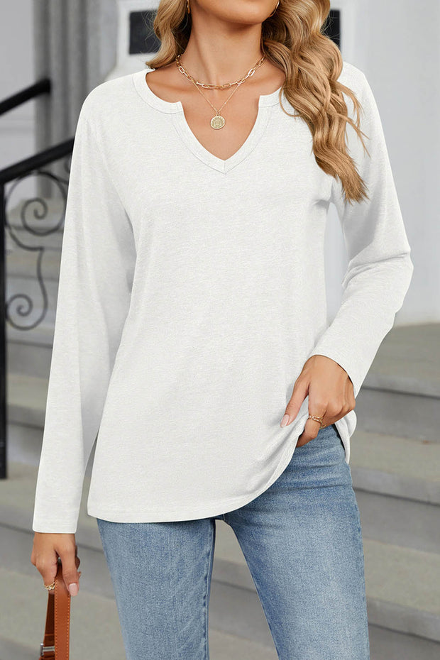 V-neck Solid Color Loose Long-sleeved T-shirt Top