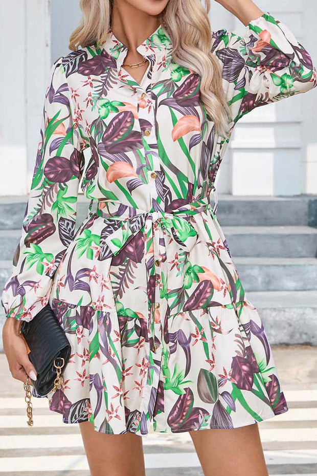 Printed Button Long Sleeve Dress