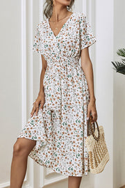 Retro Floral V Neck Short Sleeve Midi Dress