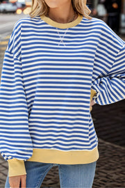 Striped Round Neck Colorblock Loose Long Sleeve Sweatshirt