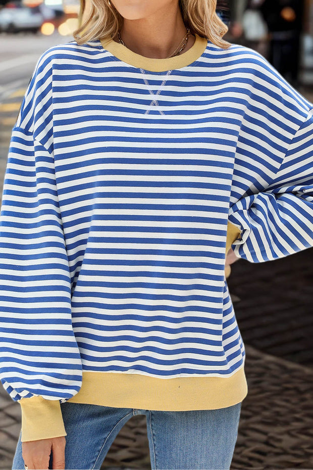 Striped Round Neck Colorblock Loose Long Sleeve Sweatshirt