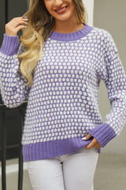 Round Neck Jacquard Color Block Pullover Sweater