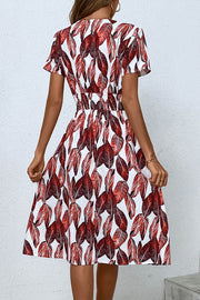 Leaf Print V Neck Short Sleeve Midi Dress