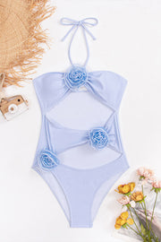 Three-dimensional floral one-piece solid color women's swimsuit