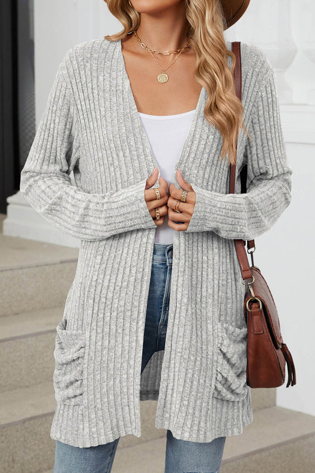 Solid Color Pocket Long Sleeve Cardigan Sweater