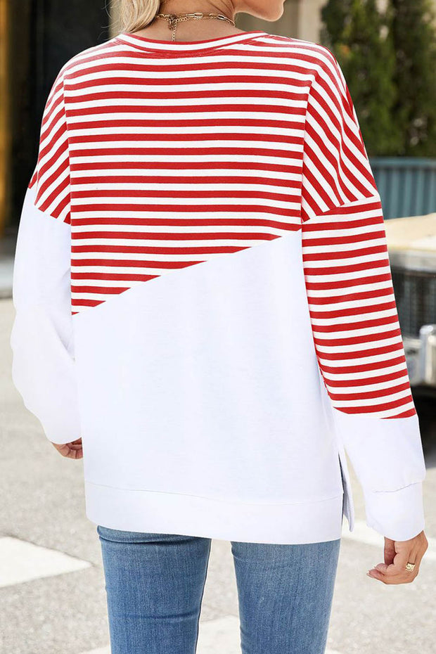 Solid Color Striped Colorblock Round Neck Long Sleeve Sweatshirt