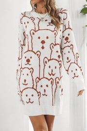 Little Bear Jacquard V-Neck Long Sleeve Sweater Dress