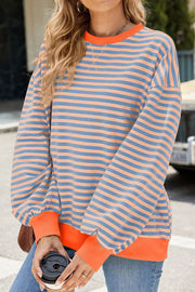 Striped Round Neck Colorblock Loose Long Sleeve Sweatshirt