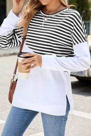 Solid Color Striped Colorblock Round Neck Long Sleeve Sweatshirt