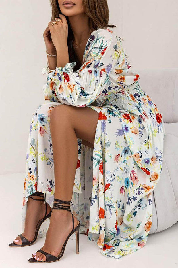 Printed V-neck Slit Long Sleeve Dress