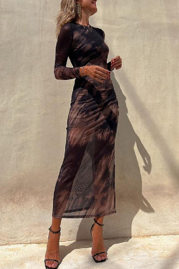 Stylish tie-dye mesh overlay printed long-sleeve ruffled stretch maxi dress