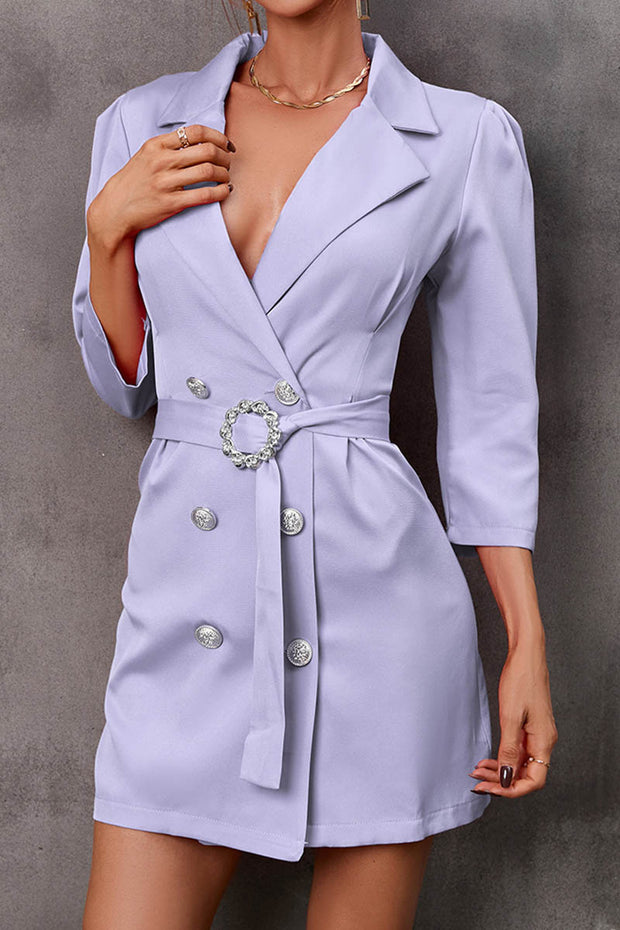 Three-quarter Sleeves V-neck Belted Buttoned Suit Dress