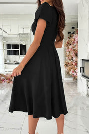 V Neck Solid Color Puff Sleeve Midi Dress