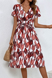 Leaf Print V Neck Short Sleeve Midi Dress