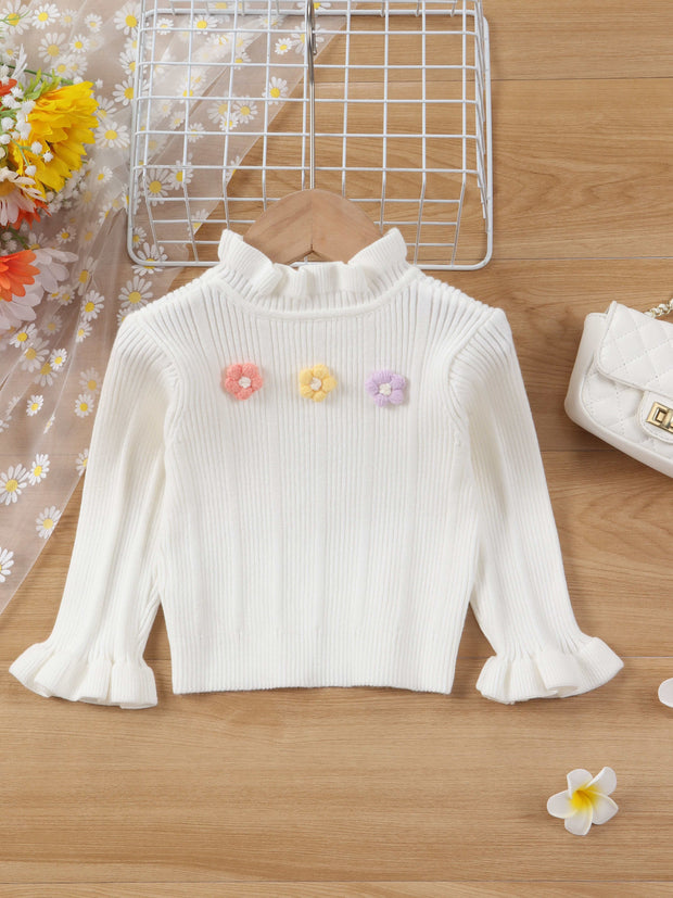 Girls' Autumn and Winter Ruffle Flower Sweater Long Sleeve Knitted Top