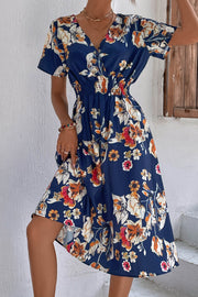 Floral V Neck Short Sleeve Midi Dress