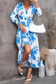 Spring and Autumn Printed Shirt V-Neck Tie Nine-Point Sleeve Midi Dress