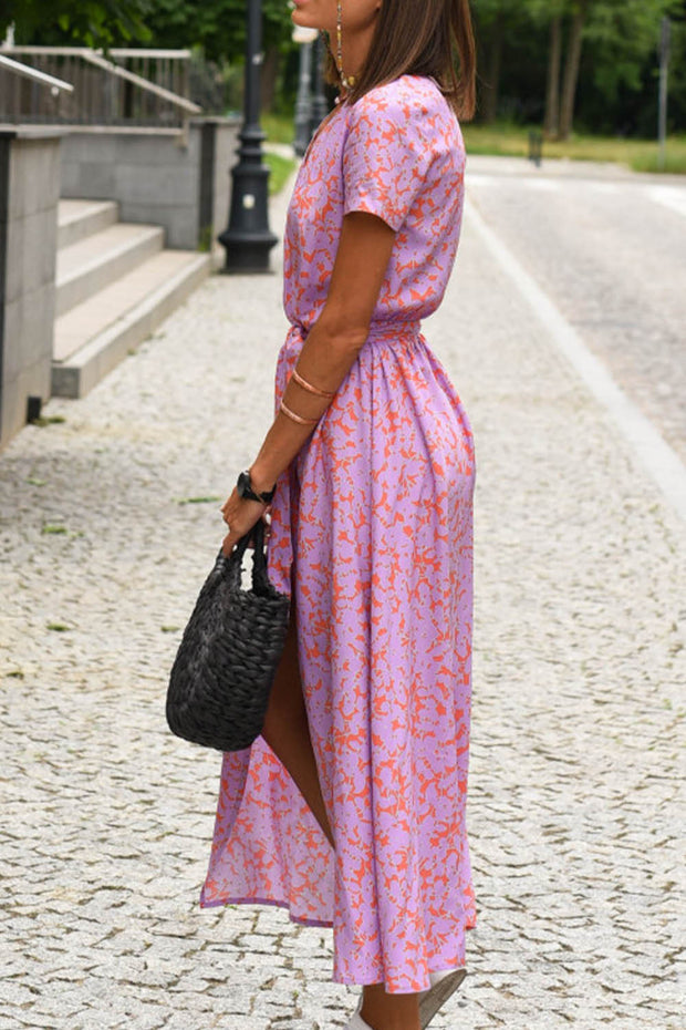 Printed Slit V Neck Midi Dress