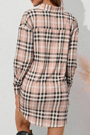 Plaid Single Breasted Long Sleeve Mini Shirt Dress