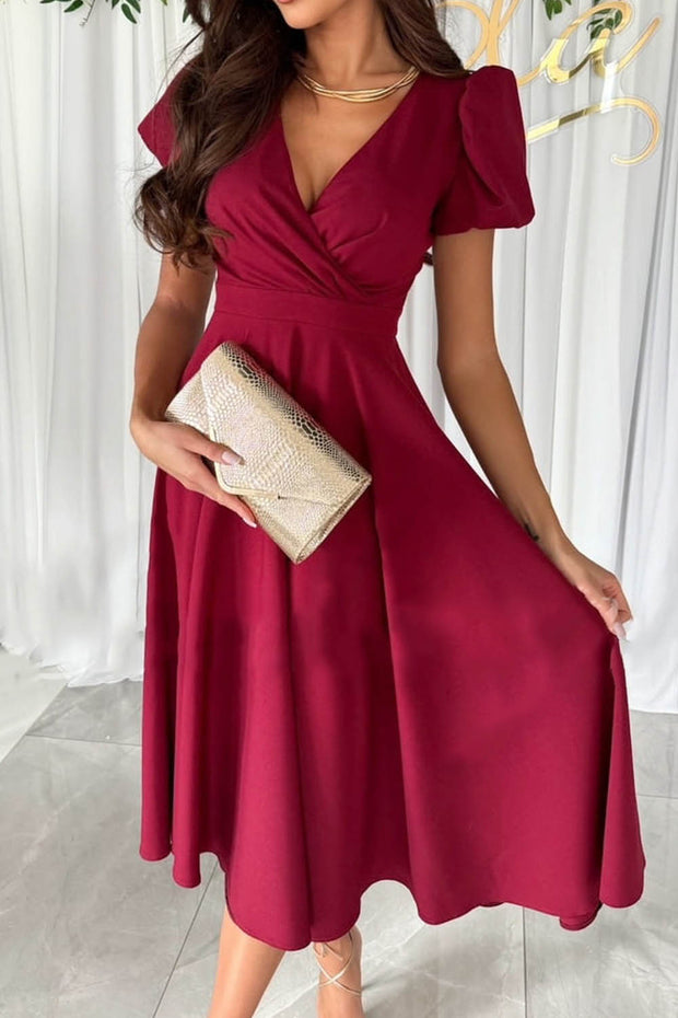 V Neck Solid Color Puff Sleeve Midi Dress