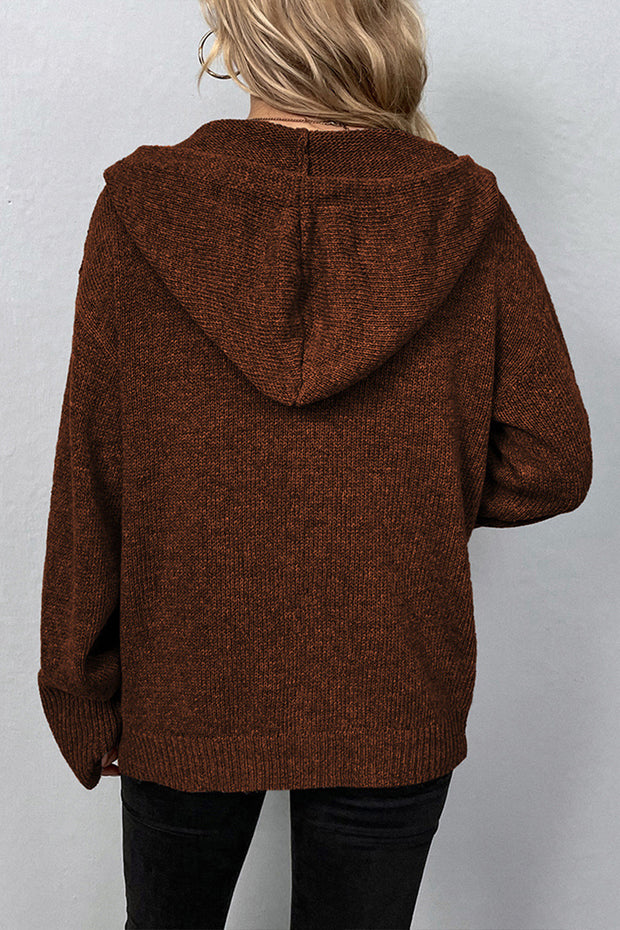 Hooded Single-breasted Drawstring Knit Cardigan Sweater