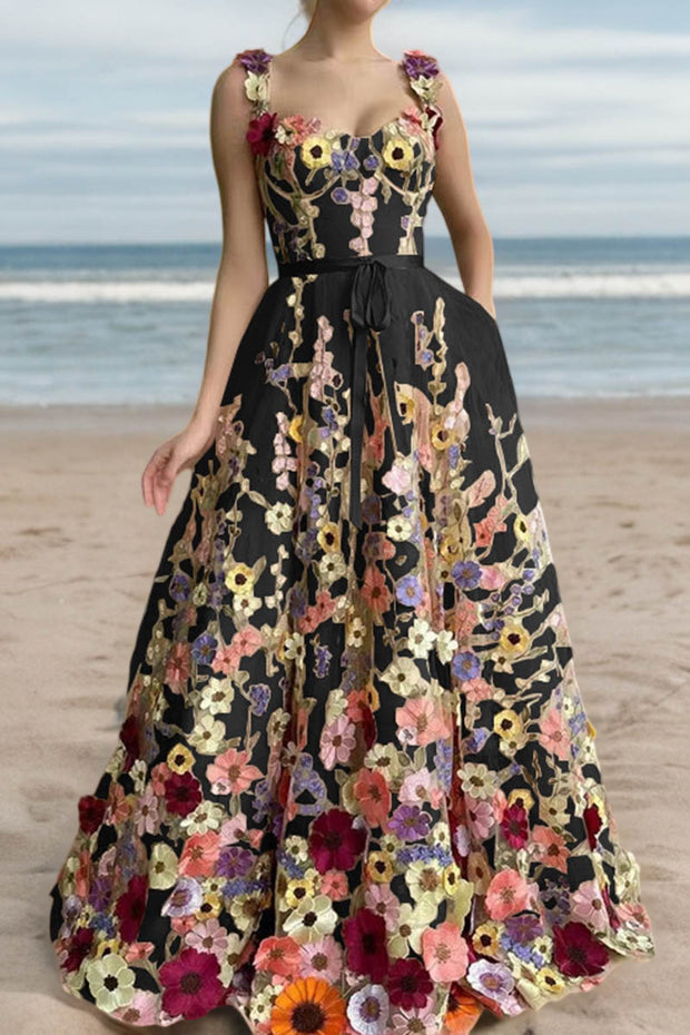 3D Floral Embellished Maxi Dress Suspender Skirt