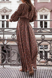 Printed V-neck Slit Long Sleeve Dress