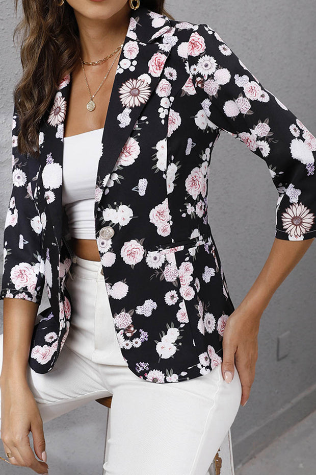 Printed Lapel Three-quarter Sleeve Suit Blazer Jacket