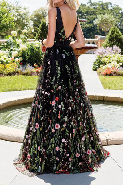 3D Floral Embellished V-neck Open Back Maxi Dress