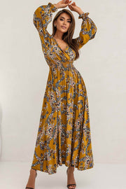 Printed V-neck Slit Long Sleeve Dress