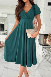 V Neck Solid Color Puff Sleeve Midi Dress