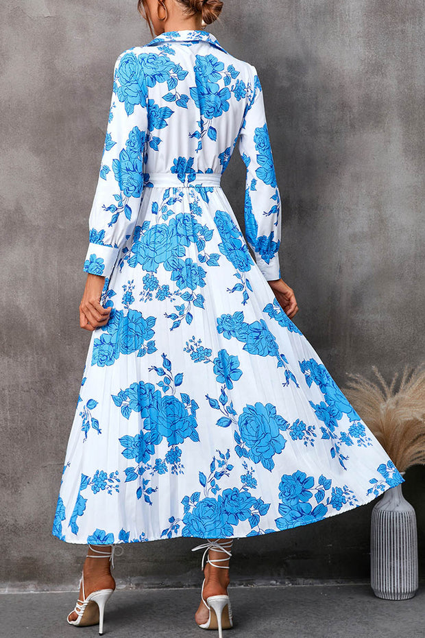 Spring and Autumn Printed Shirt V-Neck Tie Nine-Point Sleeve Midi Dress