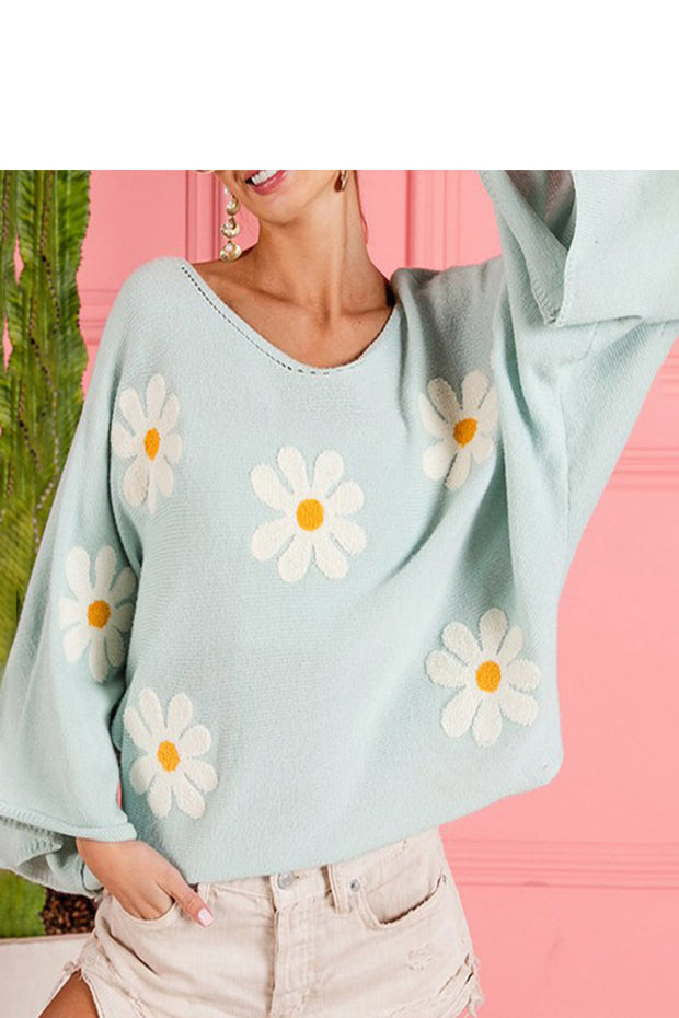 Floral Embroidered Bell Sleeve Oversized Sweater