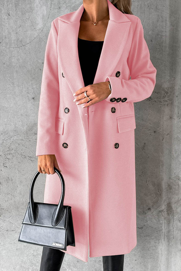 Solid Color Long Sleeve Double Breasted Coat with Pockets