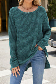 Solid Color Round Neck Long Sleeve Brushed Slit Pullover