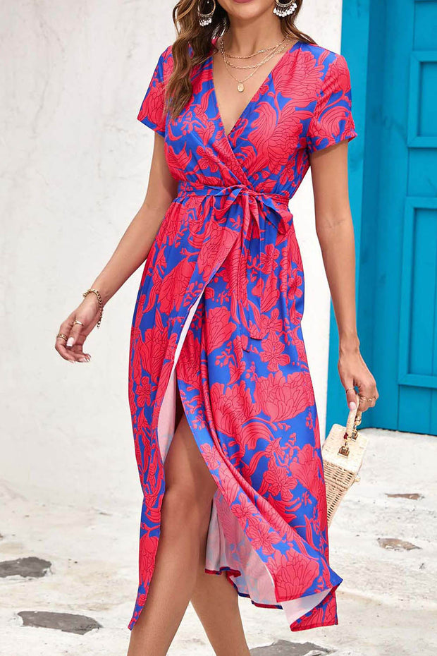 Printed Slit V Neck Midi Dress