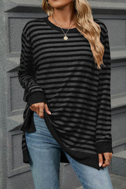 Striped Colorblock Round Neck Loose Long Sleeve T-shirt